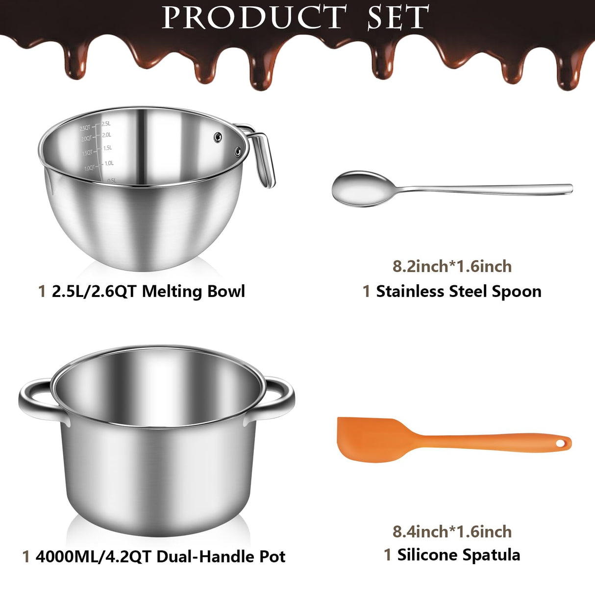 Artcome 304 Stainless Steel Double Boiler Set - 2.6QT Melting Bowl with Scale and Handle - 4.2QT Dual-Handle Pot - Stackable Water Bath Melting Pot Set for Butter, Chocolate, Wax, Sugar, Candle Artcome