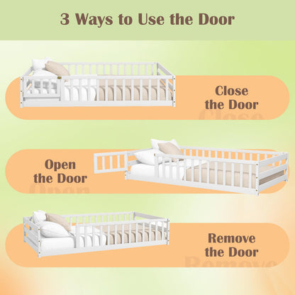 Giantex White Montessori Twin Floor Bed with Safety Guardrails and Lockable Door for Kids - WoodArtSupply