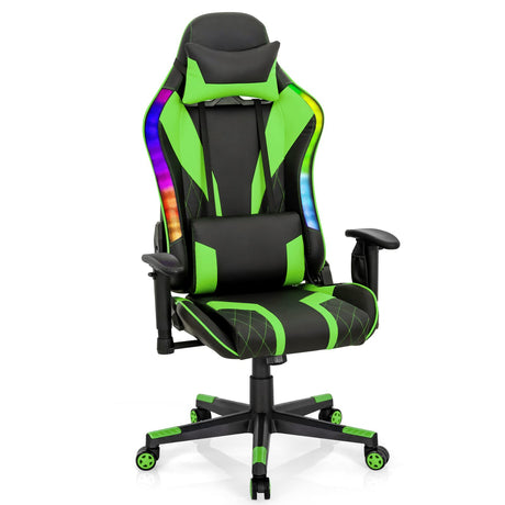 Giantex Gaming Chair with RGB LED Lights, Ergonomic Video Game Chair, High Back PVC Leather E-Sport Computer Chair Adjustable w/Headrest & Lumbar Support (Green) Giantex