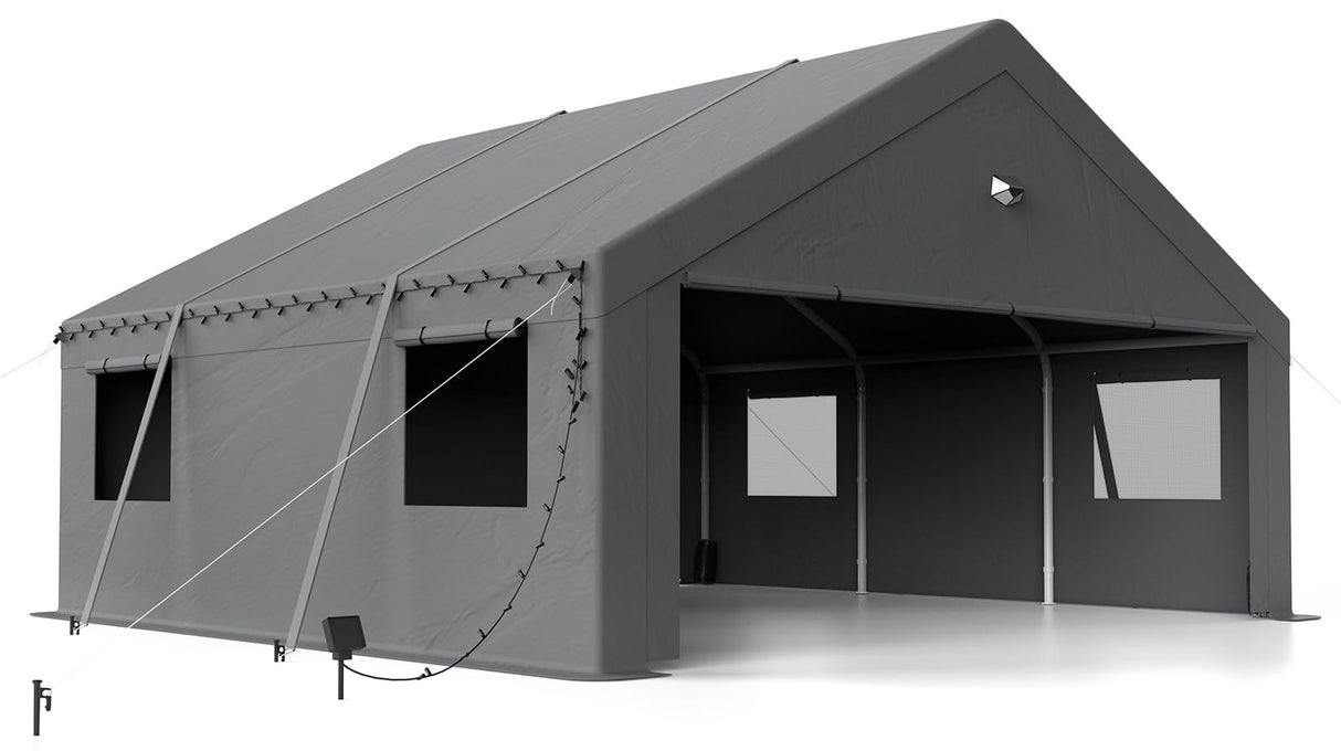 Benass 20x20 Carport Canopy, Heavy Duty Car Port, Portable Car Ports Garage with 2 Roll-Up Drive Through Doors, Grey Benass