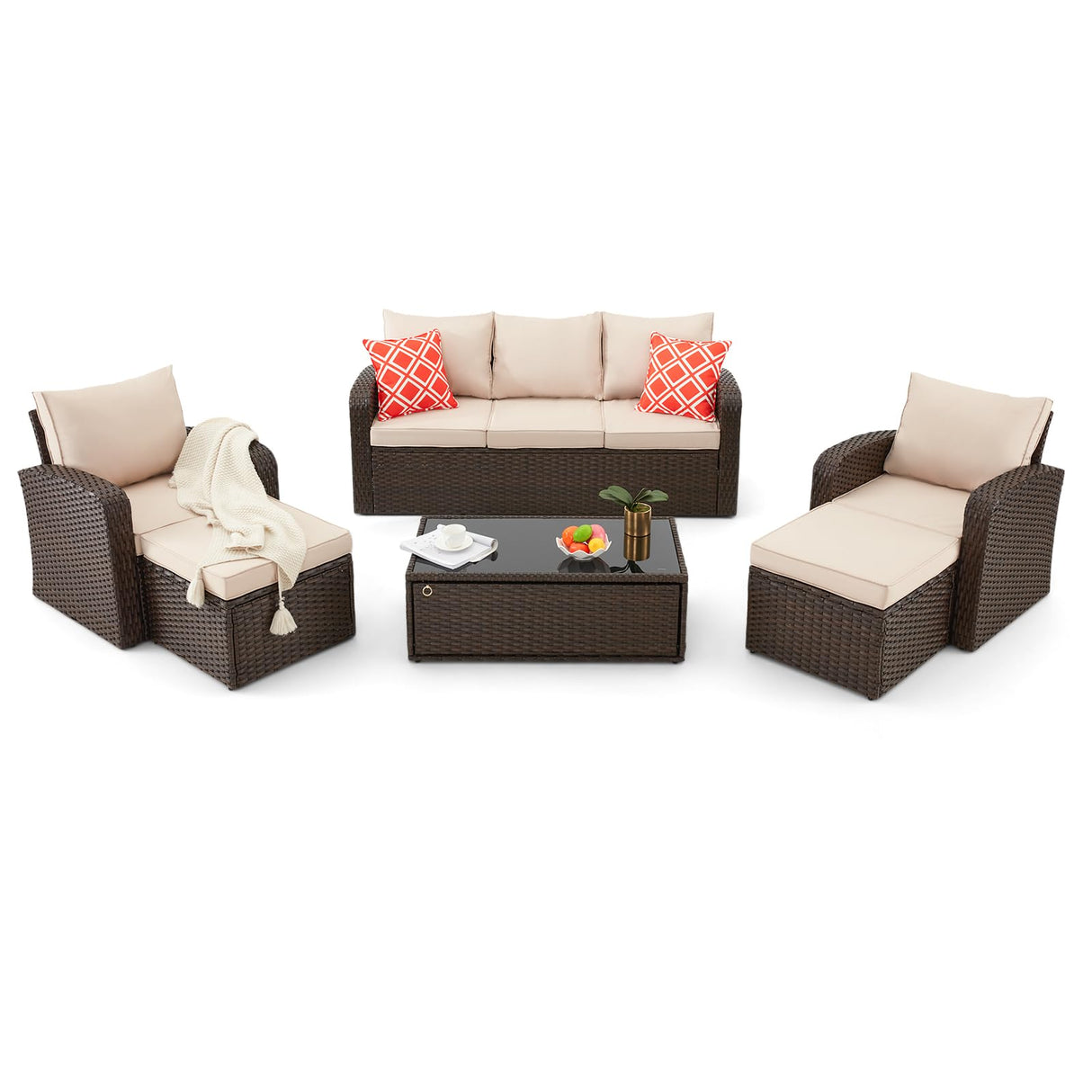 HOMREST 6 Pieces Patio Furniture Sets, All Weather Wicker Patio Conversation Sets with Storage Glass Coffee Table, Outdoor Sectional Sofa w/Ottomans, Cushions & Pillows for Garden, Lawn, Balcony HOMREST