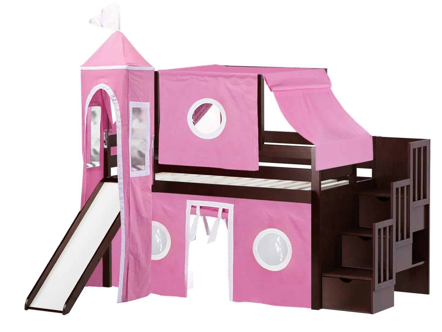 JACKPOT! Princess Stairway Low Loft Bed with 3 Drawers, Slide, Pink and White Tent and Tower, Twin, Cherry