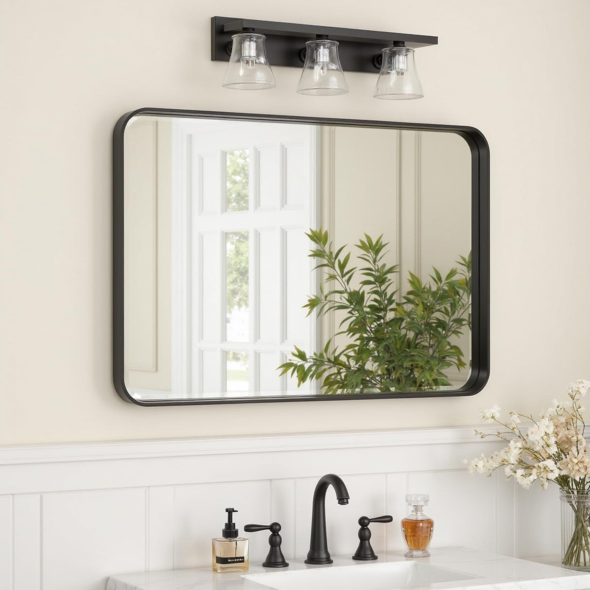 Bathroom Mirror 30x22 Inch Black Metal Framed Rounded Rectangle Vanity Mirror for Wall, Over Sink, Farmhouse, Restroom, Anti-Rust, Modern Decorative, Horizontal or Vertical Hanging Sweetcrispy