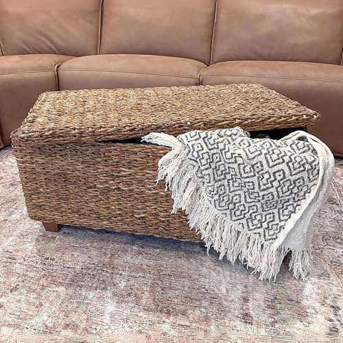 East at Main Woven Rattan Storage Coastal Coffee Table - Handwoven Natural Brown Rattan, Hidden Storage, Solid Wood Frame, 37x20x18 Inches (Natural) East at Main