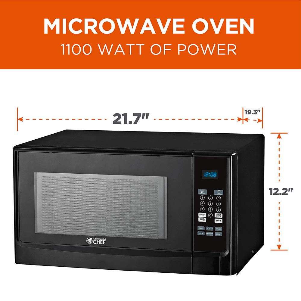 COMMERCIAL CHEF 1.4 Cubic Foot Microwave with 10 Power Levels, Small Microwave with Push Button, 1100 Watt Microwave with Digital Control Panels, Countertop Microwave with Timer, Black Commercial CHEF