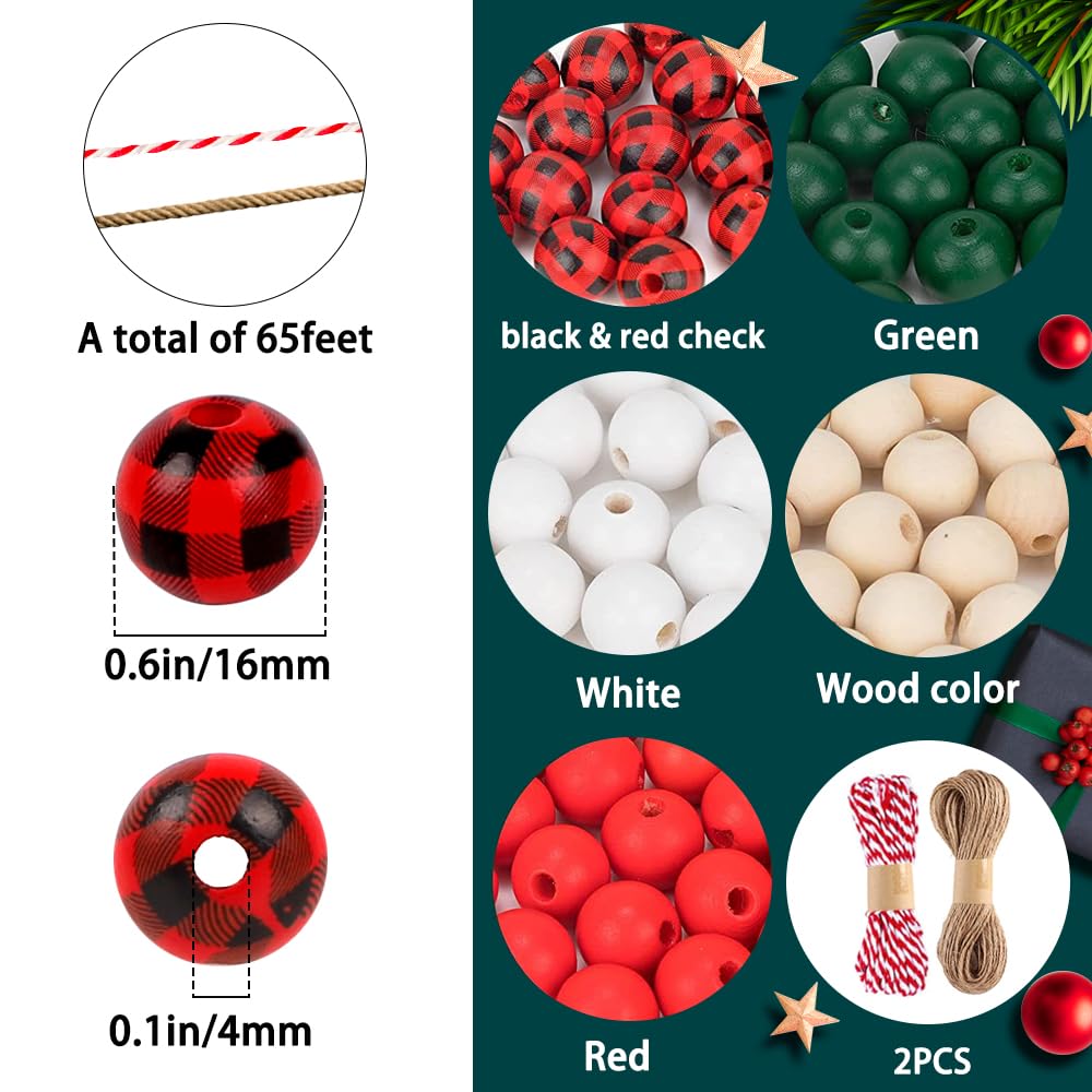 GRACCEE 200pcs Christmas Wooden Beads Xmas Red Buffalo Plaid Polished Craft Natural Round Wood Beads for Christmas Party DIY Indoor Decoration. YUJUN