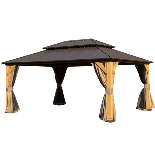 12x16ft Cedar Wood Gazebo, Solid Wood Hardtop Gazebo with Galvanized Steel Double Roof, Netting & Curtains, Outdoor Gazebo for Patio, Backyard, Deck, Lawns (Brown-07)