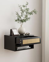 Aienvey Floating Nightstand, Small Modern Floating Nightstand with Drawer, Floating Shelves for Bedroom, Bathroom, Black Rattan Aienvey