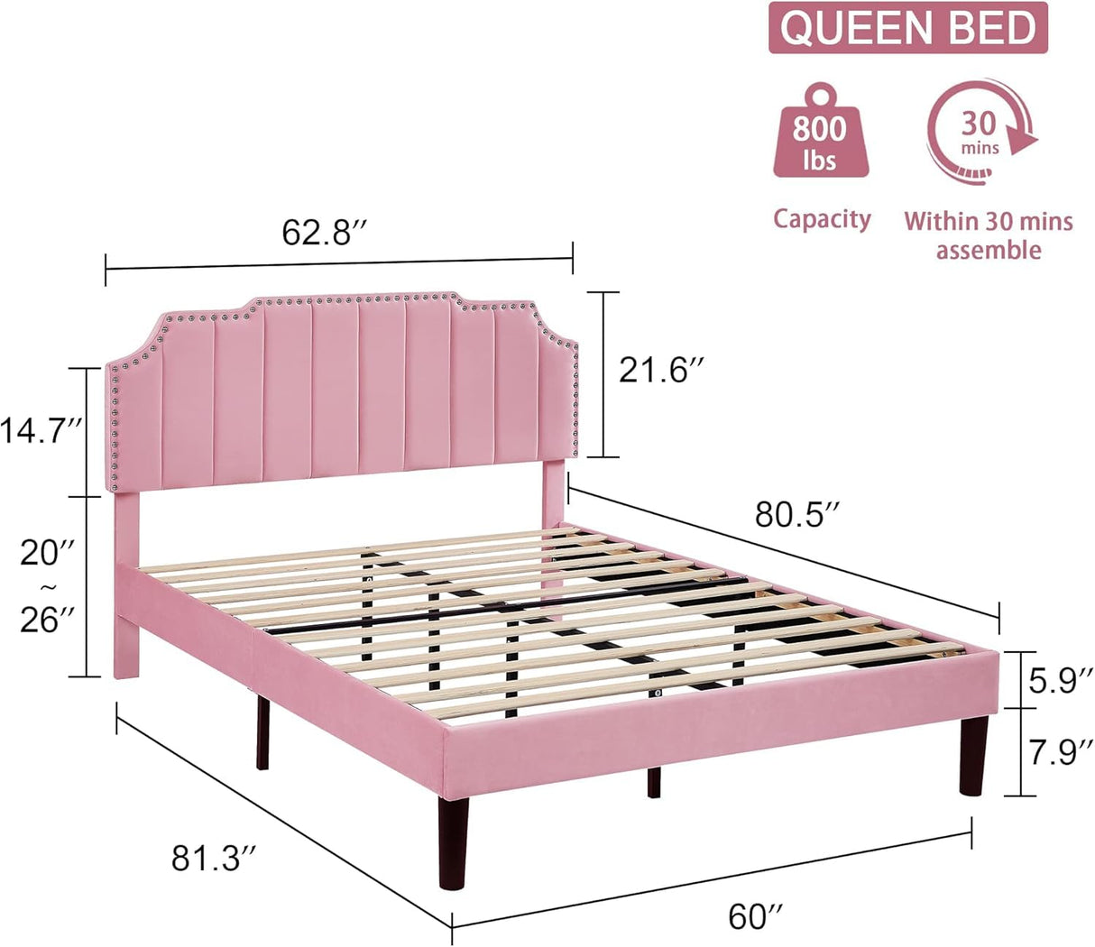 VECELO Queen Upholstered Platform Bed Frame with Tufted Adjustable Headboard/Mattress Foundation/Wood Slat Support,Easy Assembly,Pink VECELO