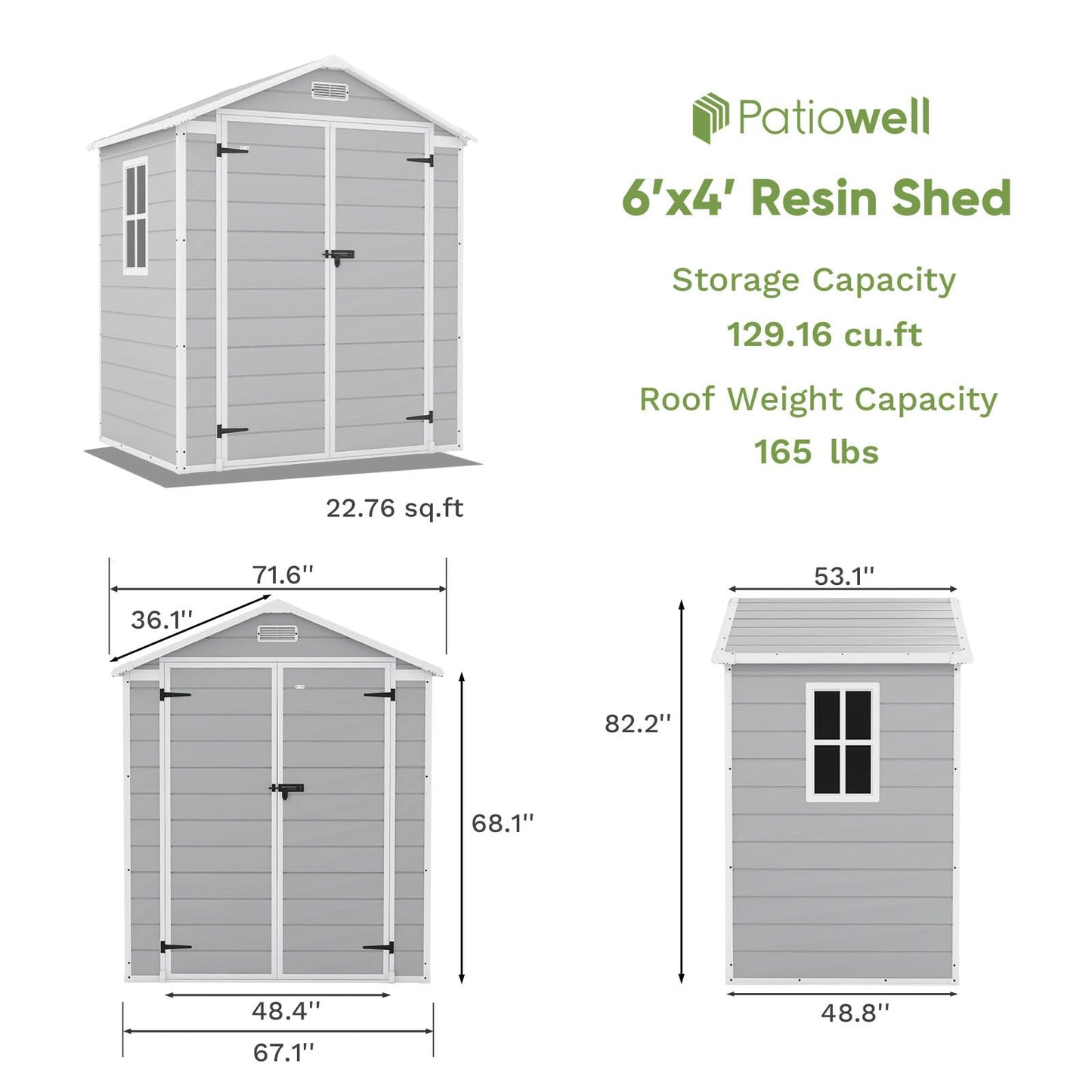 Patiowell 6x4 FT Plastic Outdoor Storage Shed-Perfect to Store Patio Furniture, GardenTools Bike Accessories, Beach Chairs and Lawn Mower, White & Grey - WoodArtSupply