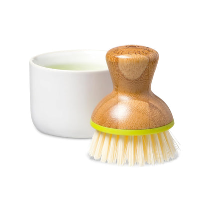 Full Circle Bubble Up- Eco-Friendly Bamboo Dish Brush & Ceramic Soap Dispenser - Natural Scrub Set for Dishes, Cast Iron - Kitchen Cleaning with Handle, White