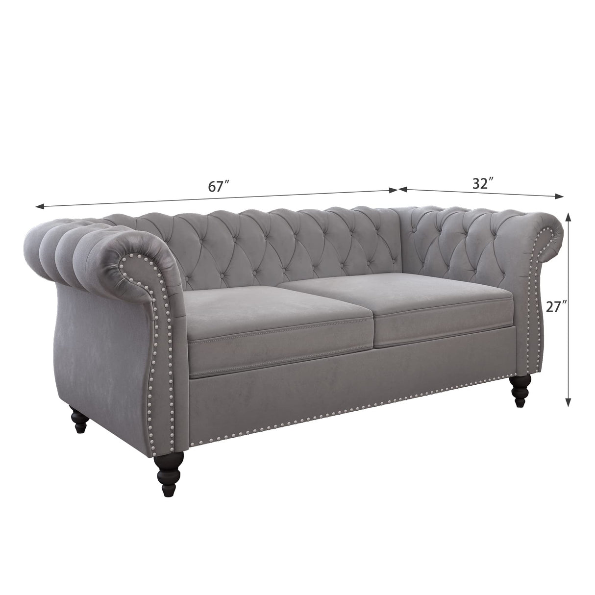 3 Piece Living Room Set, Velvet Chesterfield Sofa Loveseat Couch Chair with Scroll Arms and Nailhead for Living Room, Office (Grey) ORRD