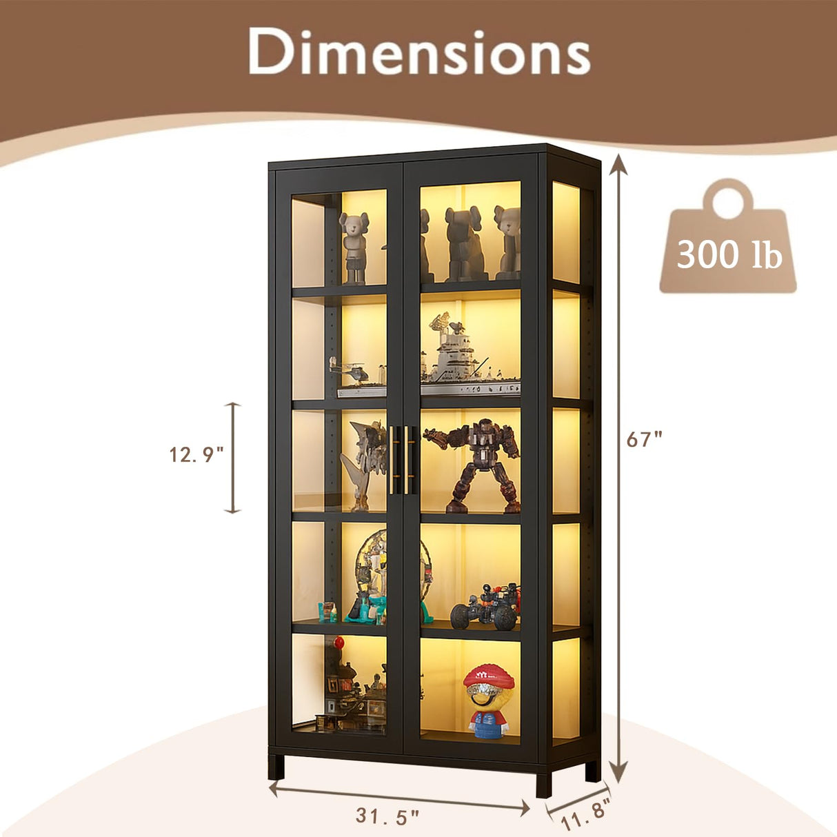 IHGSSKD 5-Tier Display Cabinet with Glass Doors, 67" Metal Curio Cabinet with 4 Adjustable Shelves for Collectibles, Toy Organizers Cabinet & Glass Display Case for Home, Office, Living Room, Black IHGSSKD