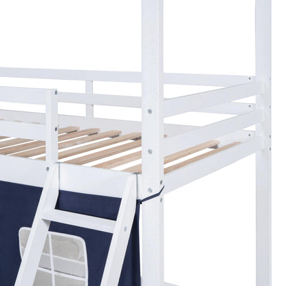 Harper & Bright Designs House Twin Loft Bunk Bed with Tent,Kids Twin Loft Bed with Ladders,Guardrail,Windows & Roof, Wood Twin Over Twin Playhouse Bunk Bed for Kids Teens Boys & Girls (Blue & White)