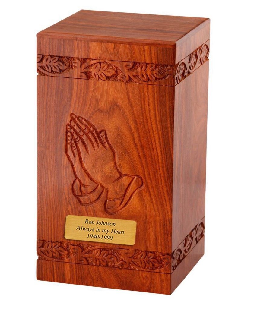 Memorials4u Solid Rosewood Cremation Urn with Hand-Carved Praying Hand Design and Custom Engraved Brass Plate for Human Ashes - Adult Funeral Urn Handcrafted and Engraved - Urn for Ashes - Wood Urn MEMORIALS 4U