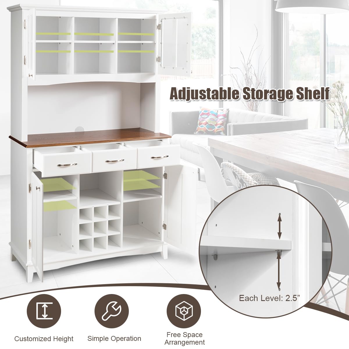 COSTWAY Kitchen Hutch Storage Cabinet, Freestanding Pantry Buffet Sideboard, Modern Buffet Cupboard w/Wine Rack, Adjustable Shelves, Tempered Glass Cabinets, Drawers, Microwave Stand (White) COSTWAY