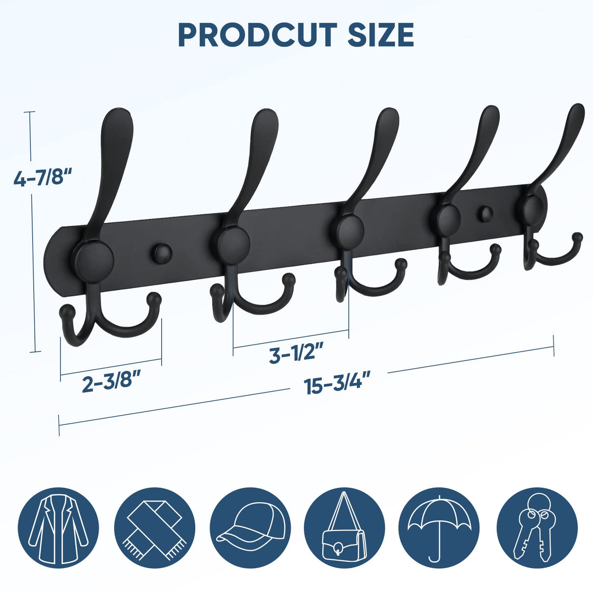 TICONN Wall Mounted Coat Rack, Five Heavy Duty Tri Hooks All Metal Construction for Jacket Coat Hat in Mudroom Entryway (Matte Black, 2-Pack) TICONN