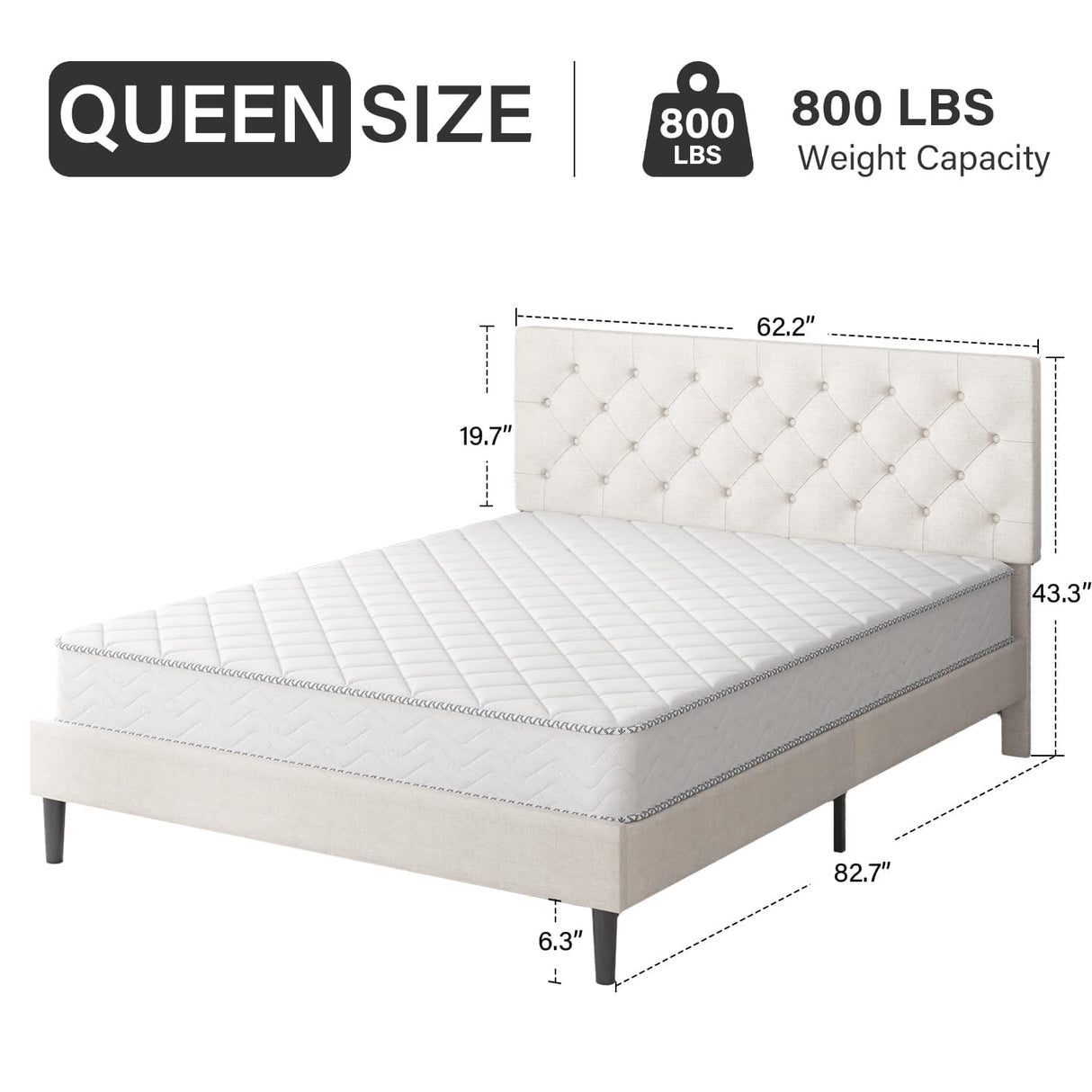 HOMBCK Queen Bed Frame with Headboard, Linen Fabric Upholstered Bed Frame Queen, Wood Slats Support, Button Tufted, No Box Spring Needed, White HOMBCK