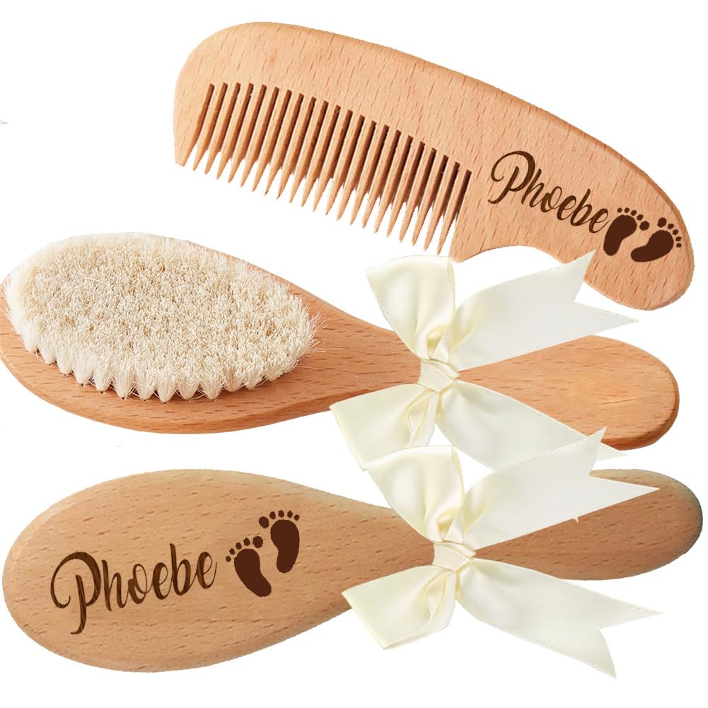 3Pcs Custom Wooden Baby Hair Brush Set Personalized Newborn Baby Gift -Custom Name Baby Bathing Comb Bristles (Wood) - WoodArtSupply