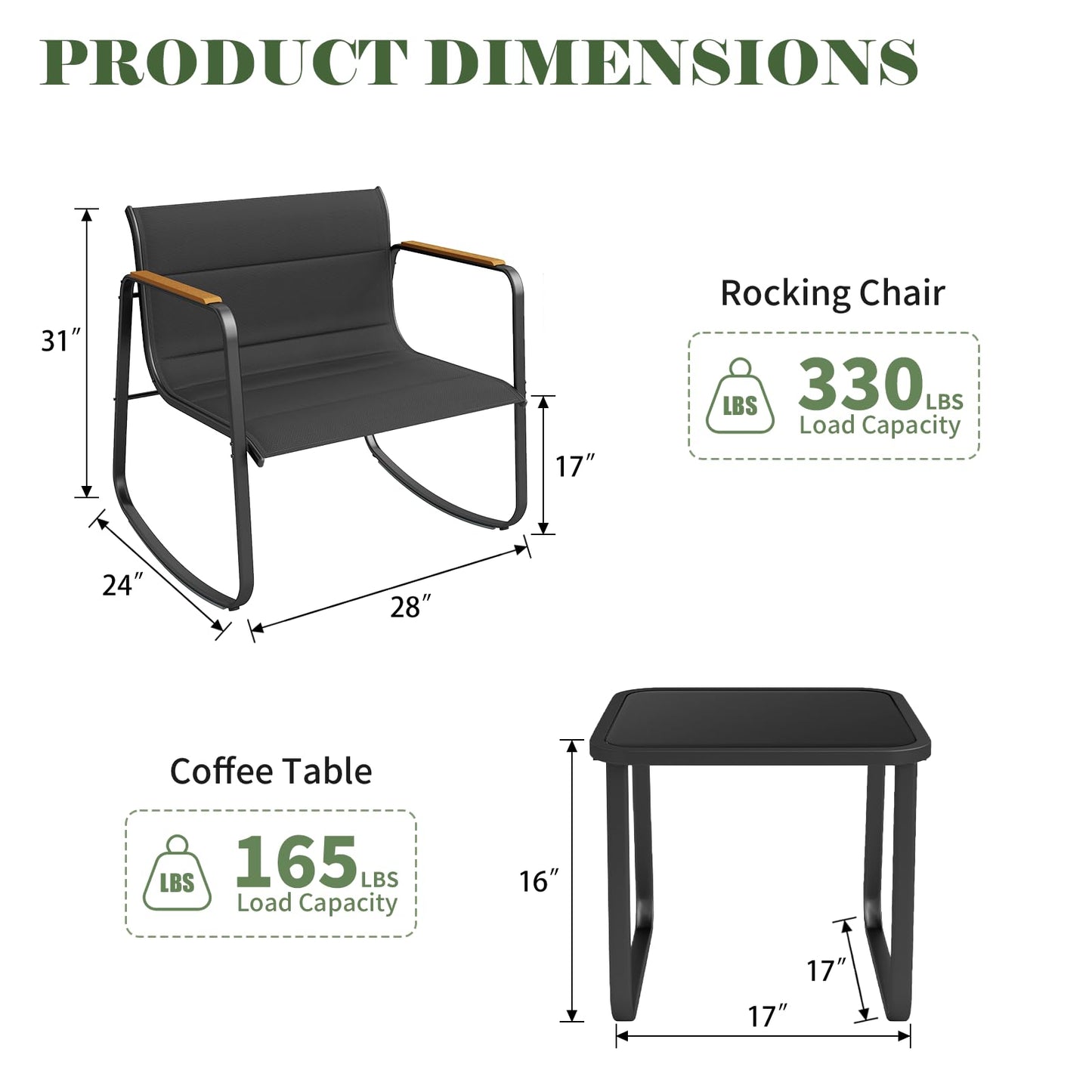 Amopatio Outdoor Table and Chair Set 3 Piece, Patio Rocking Chair, Breathable Textilene Fabric Patio Furniture Set for Porch, Poolside, Deck, Outdoor Terrace, Balcony, Garden,Black - WoodArtSupply