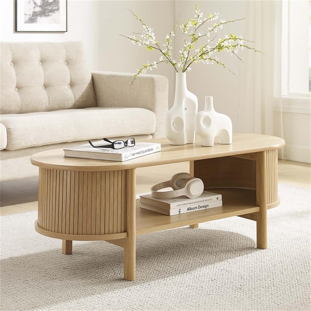 Modway Cadence Oval Coffee Table in [Color] - Mid Century Modern Center Table with Open Storage for Living Room Organization - Wood Grain Fluted Accent Table Modway