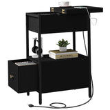 SOOWERY End Table with Charging Station, Narrow Side Table with Flip Top Cabinet and Fabric Drawer, Nightstand Bedside Tables for Small Spaces, Bedroom, Living Room, Black SOOWERY
