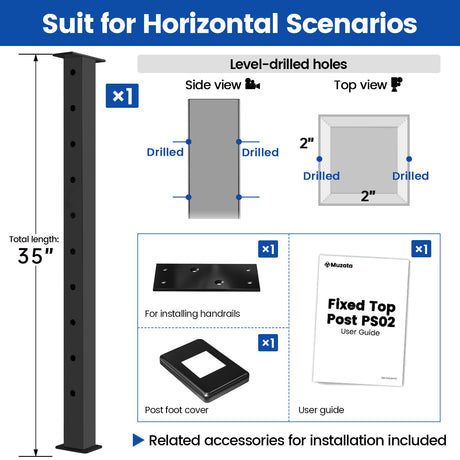Muzata Black Cable Railing Post 36 Inch 36"x2"x2" Level Drilled Surface Mount T304 Stainless Steel Cable Railing System Kit Indoor Outdoor with Paper User Guide PS02 BH4S Muzata