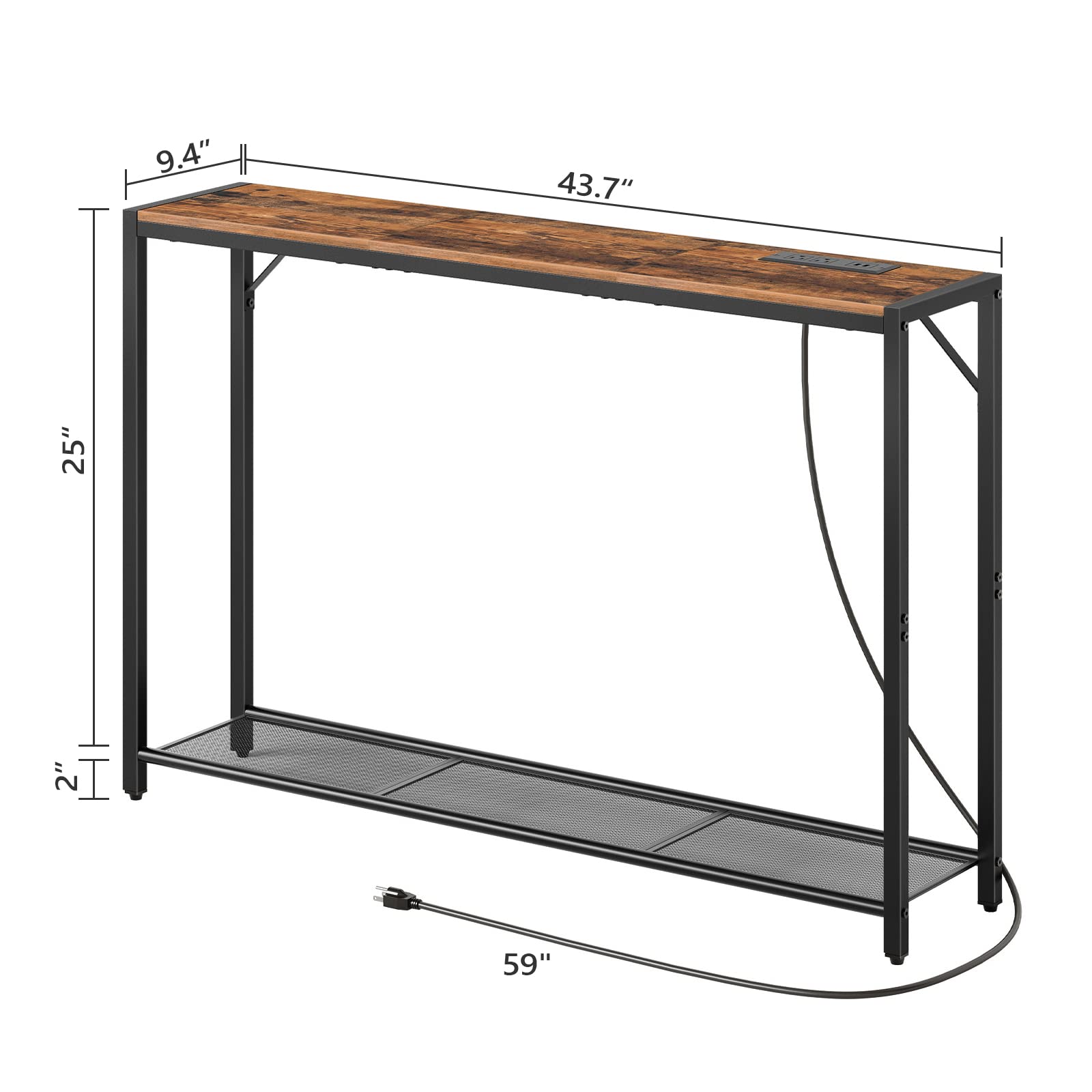 MAHANCRIS Sofa Table with Power Outlet, 43.7" Console Table with USB Ports, Behind Couch Table, Entryway Table for Living Room, Hallway, Foyer, Metal Frame, Adjustable Feet, Rustic Brown CTHR - WoodArtSupply