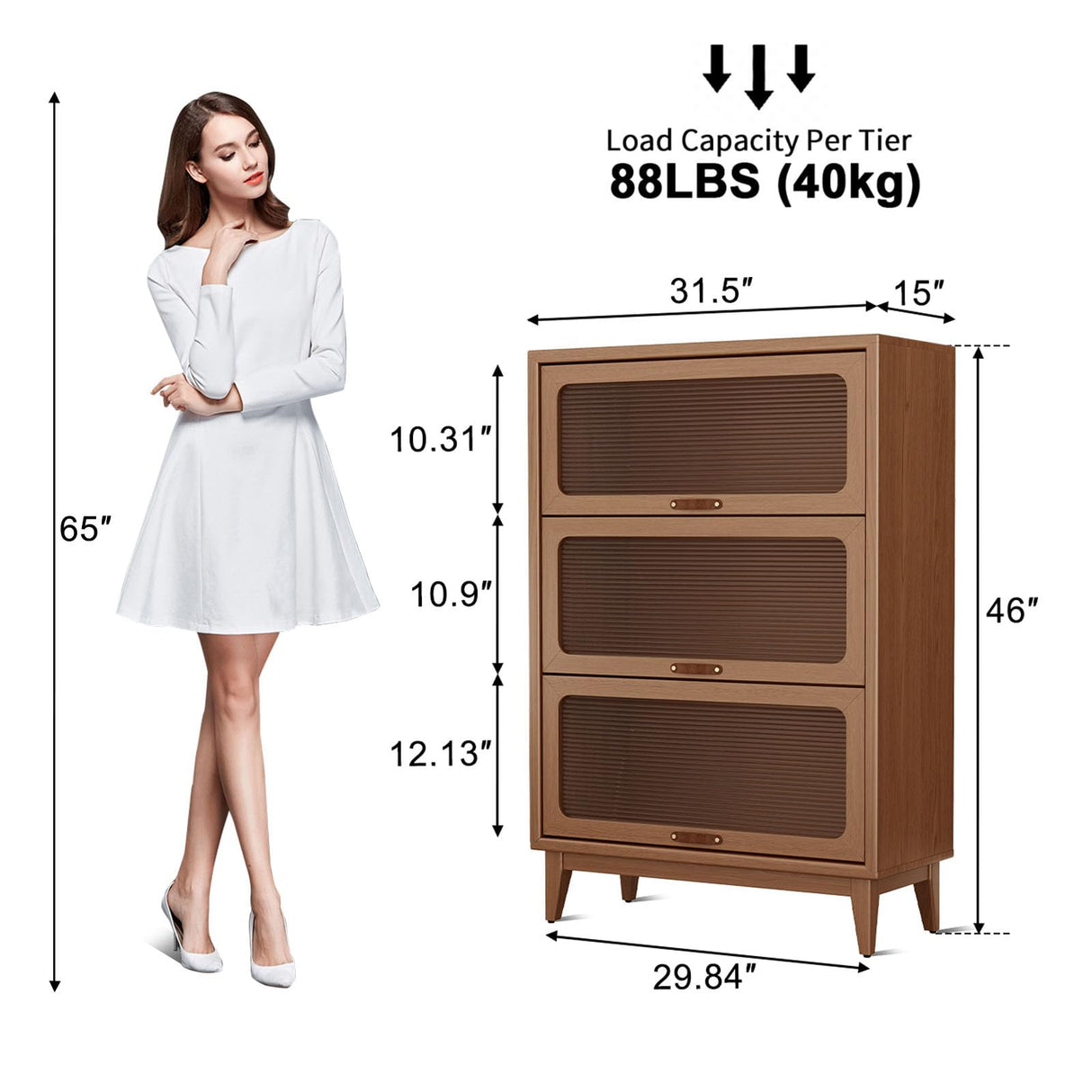 3 tier solid wood book case with corrugated tempered glass doors, dusty wooden bookshelf dark brown Flip-Up Glass Front Doors book cases/shelves for home office room with installation tool AnywaysWood