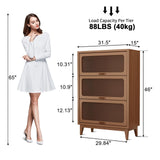 3 tier solid wood book case with corrugated tempered glass doors, dusty wooden bookshelf dark brown Flip-Up Glass Front Doors book cases/shelves for home office room with installation tool AnywaysWood