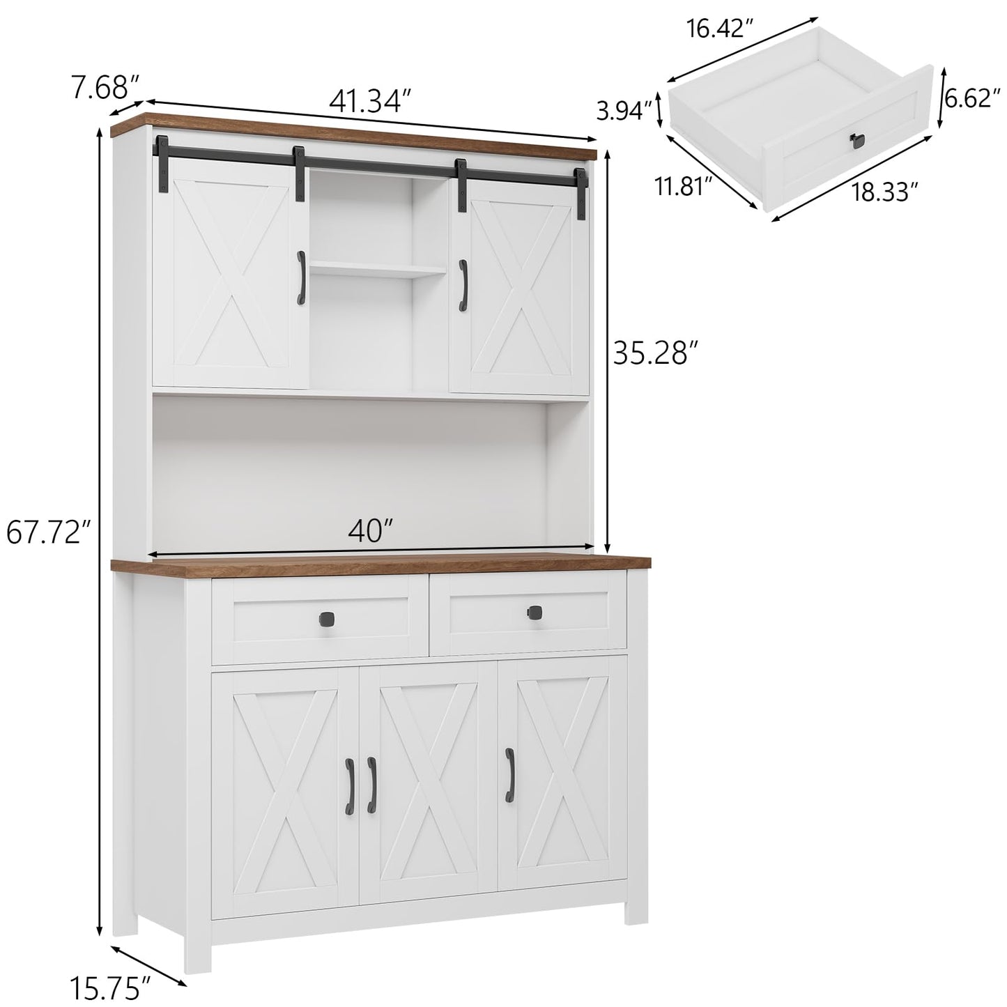 67.7 Inch Farmhouse Pantry Storage Cabinet with Sliding Barn Doors, 2 Drawer Farmhouse Coffee Cabinet with Adjustable Shelf, Buffet Cabinet with Buffet Cupboard for Kitchen, Livingroom