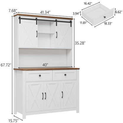 67.7 Inch Farmhouse Pantry Storage Cabinet with Sliding Barn Doors, 2 Drawer Farmhouse Coffee Cabinet with Adjustable Shelf, Buffet Cabinet with Buffet Cupboard for Kitchen, Livingroom