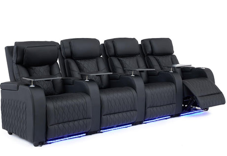 Airadlis Home Theater Seating Top Grain Leather, Movie Theater Chairs Theater Recliner Sofa with Dual Power Ergonomic Design 7 Colors Ambient Lighting Tray Table Type-C USB Charge (Black, Row of 4) Airadlis