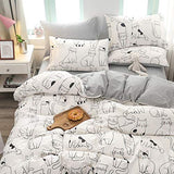 BlueBlue Cats Kids Duvet Cover Set Twin, 100% Cotton Bedding for Boys Girls Teens Single Bed, Cartoon Cats Pattern Print on White, 1 Animal Comforter Cover 2 Pillowcase (Twin, Cute Cat) BlueBlue