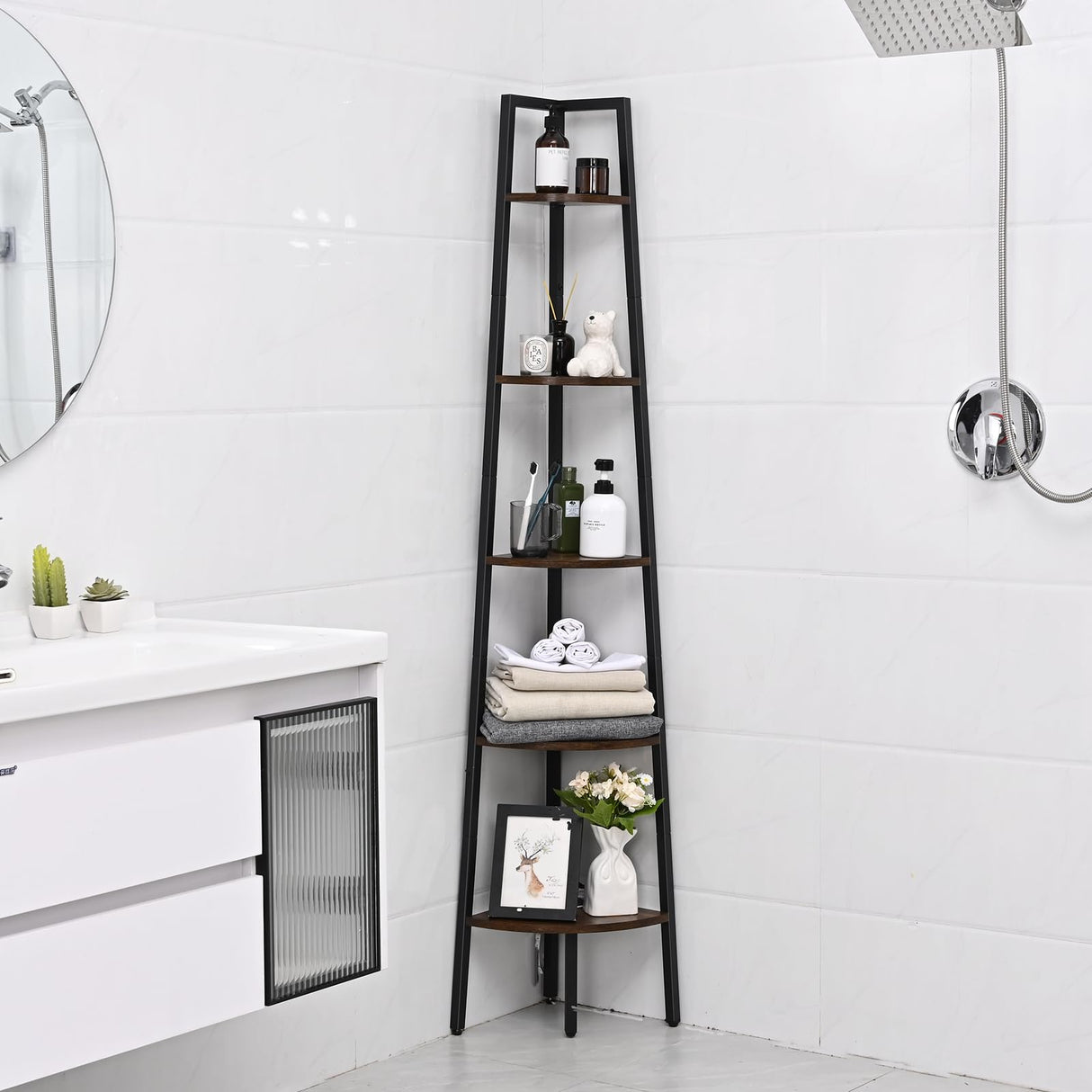 Waipfaru Corner Shelf, 5-Tier Corner Bookshelf with LED Light, 67.5in Corner Shelves for Bedroom, Tall Standing Shelf with Steel Frame, Storage Shelves for Office Living Room Waipfaru