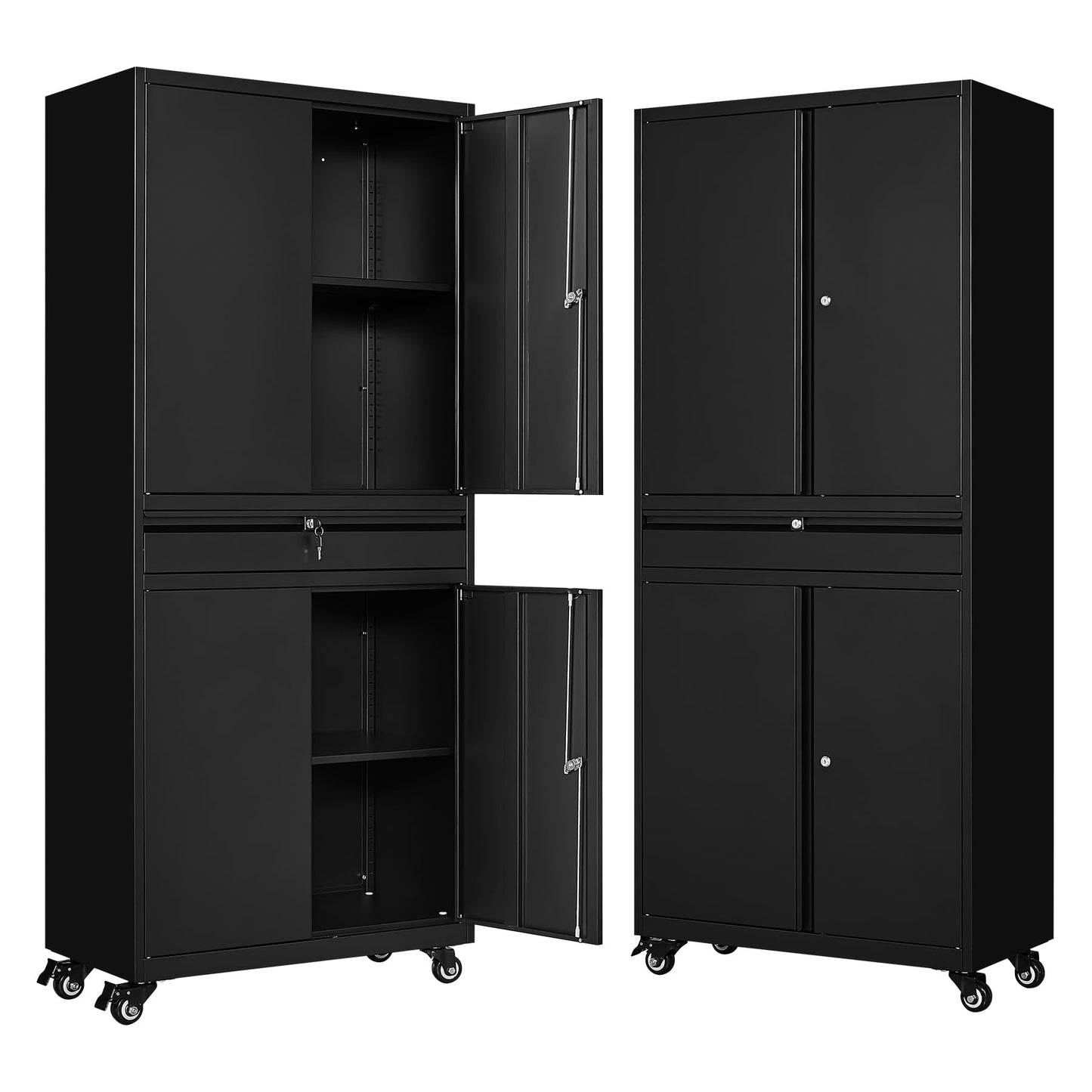 BYNSOE Metal Storage Cabinet with Wheels Metal Garage Cabinet with Adjustable Shelves Tool Storage Cabinet with 1drawer Steel Locker Cabinet with Lock for Home Garage (Black-73 4 casters)