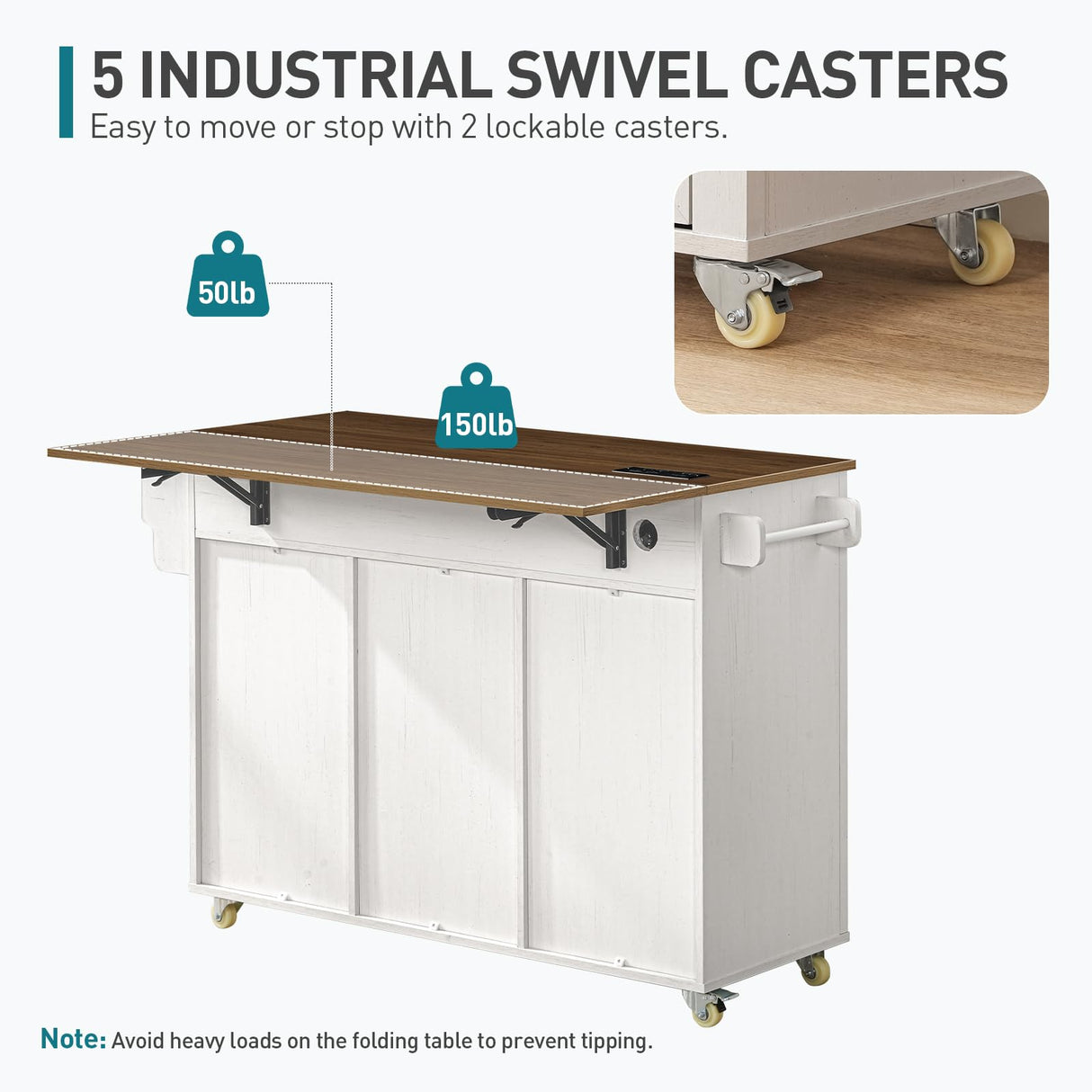 RALGEND Kitchen Island with Storage, Kitchen Cart with Charging Station, Rolling Kitchen Island Table with Drop-Leaf, 3 Drawers, Barn Doors, Towel Rack and Spice Rack, White and Walnut RALGEND