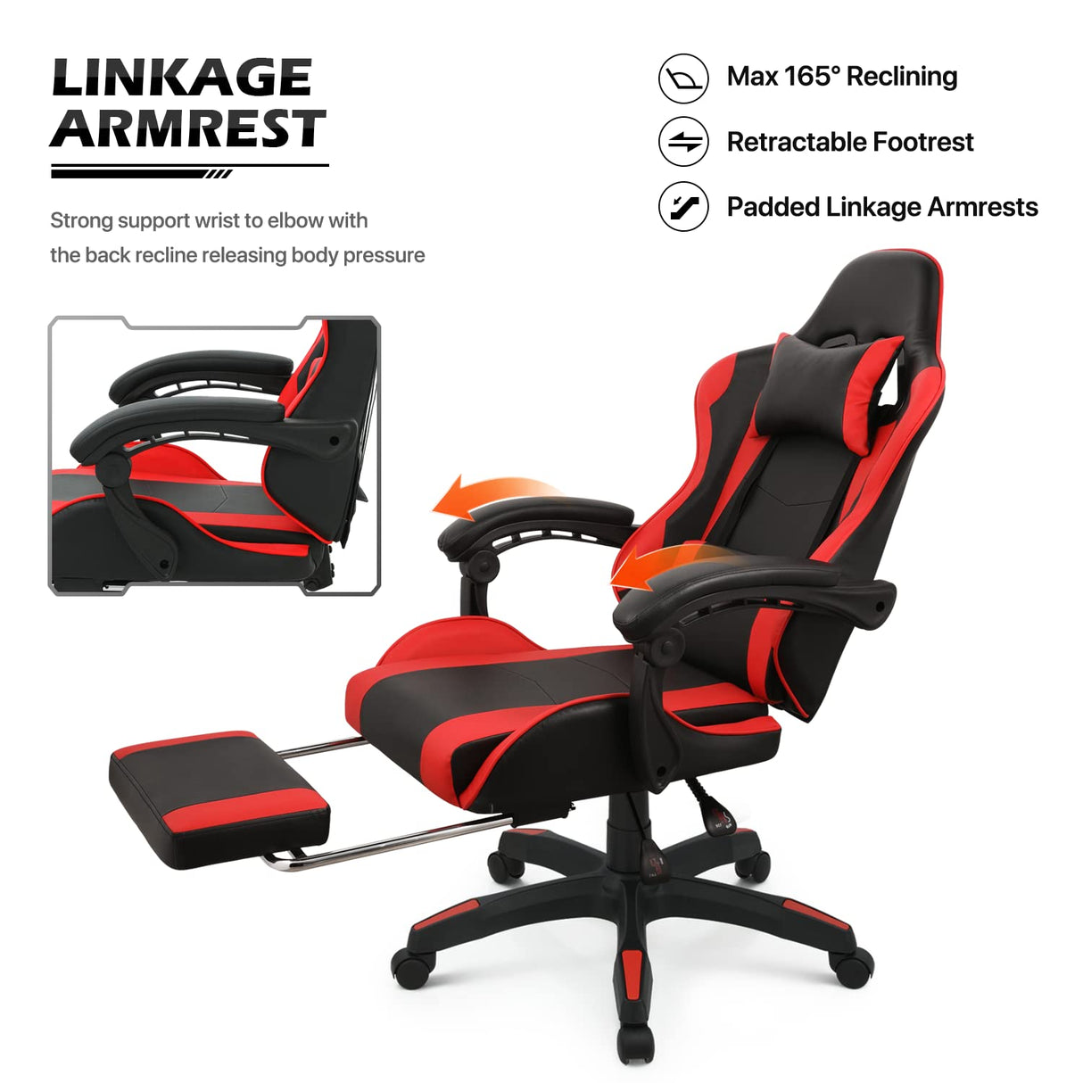 MoNiBloom Gaming Chair with Footrest High Back Video Game Chair with Headrest & Lumbar Support Height Adjustable Leather Swivel Computer Chair for Adult Teen Office or Gaming, Red MoNiBloom