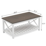 ChooChoo Coffee Table, Rustic Farmhouse Table with Shelf for Living Room, Vintage Finish White ChooChoo