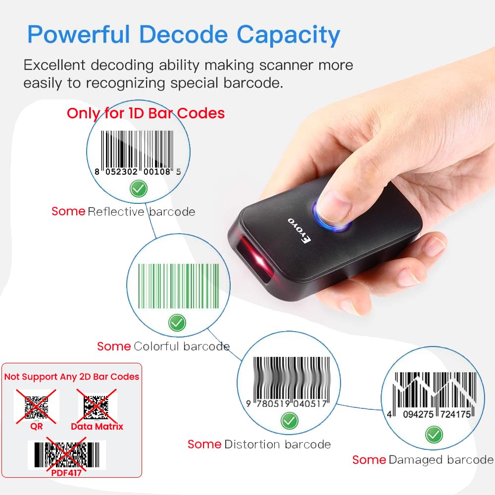 Eyoyo Mini 1D Bluetooth Barcode Scanner, 3-in-1 Bluetooth & USB Wired & 2.4G Wireless Barcode Reader Portable Bar Code Scanning Work with Windows, Android, iOS, Tablets or Computers Eyoyo