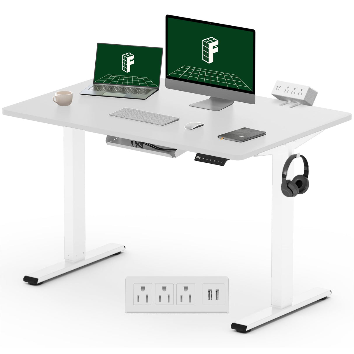 FLEXISPOT EN2 Electric Height Adjustable Standing Desk 48x24'' Whole-Piece Desktop Sit Stand Up Computer Desk Workstation with Desk Clamp Power Strip, Cable Management (White Frame + 48" White Top) FLEXISPOT