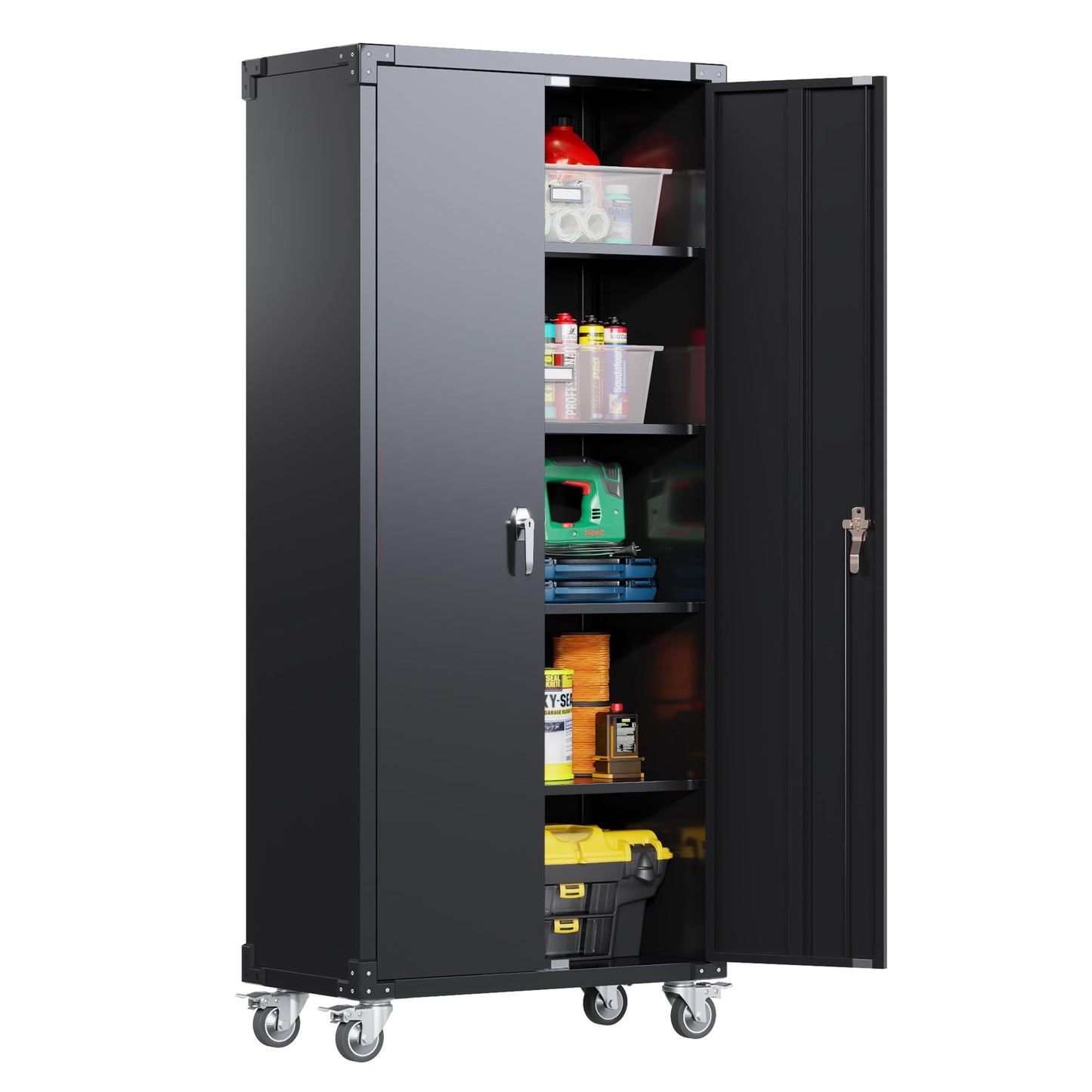 JAORD Metal Storage Cabinet with Wheels, Rolling Storage Cabinet with 4 Adjustable Shelves and 2 Doors, 72” Lockable Storage Cabinet for Home, Utility Room, Assembly Required(Black) - WoodArtSupply