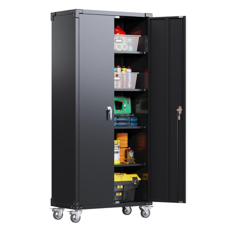 JAORD Metal Storage Cabinet with Wheels, Rolling Storage Cabinet with 4 Adjustable Shelves and 2 Doors, 72” Lockable Storage Cabinet for Home, Utility Room, Assembly Required(Black) JAORD