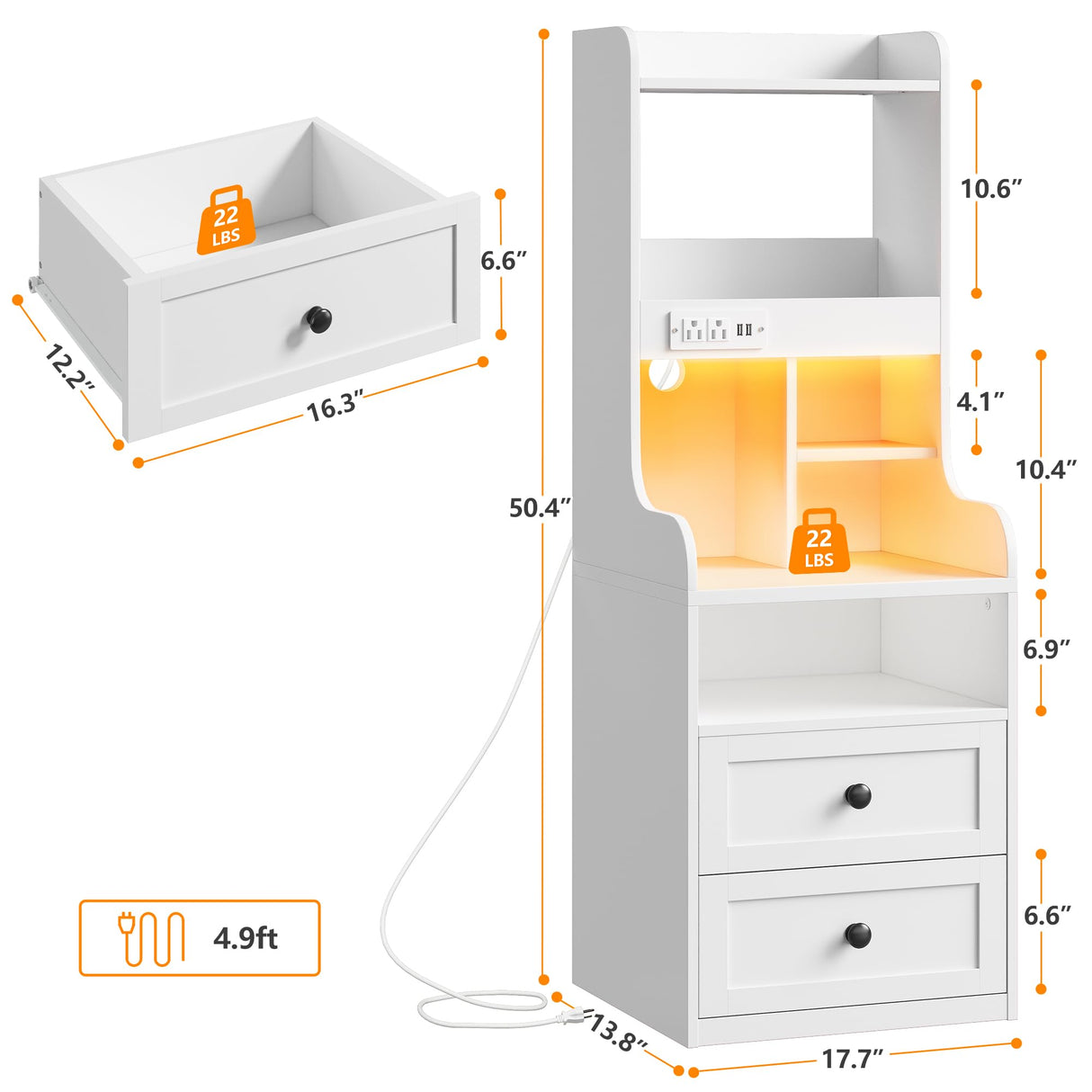 EnHomee Tall LED Nightstands Set of 2 with Charging Station and 2 Drawers in White EnHomee