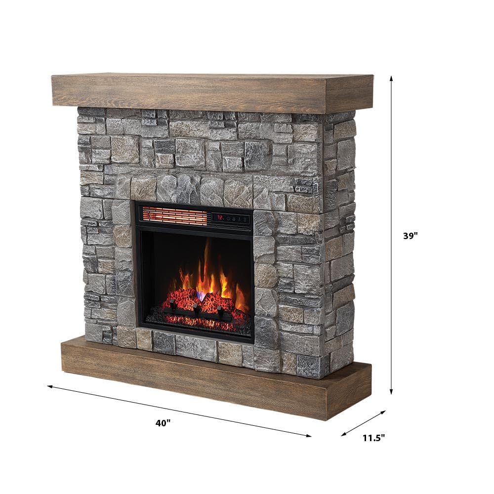 Modern Ember Raeford 40 Inch Wood Fireplace Mantel with Stone Brick Surround and 18" Electric Fireplace Insert | 40" L x 40" H x 11.5" D