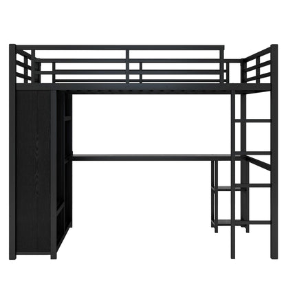 SOFTSEA Queen Size Loft Bed with Desk and Storage Wardrobe, Heavy Duty Metal Loft Bed with Storage Shelves and Open Wardrobe for Adults, Kids, Teens, Space Saving, Black