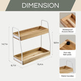 THYOI Acacia Wood 2-Tier Wooden Organizer Countertop, 15.4”x6.7”x14.6”, Natural White with White Steel, Two-Tier Bathroom Organizer, Storage Organizer, Wooden Organizer, Countertop Storage Shelf THYOI