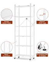 ALANNG 73.6 Inch Folding Bookshelf, 6 Tier Metal Bookcase and Bookshelves, Tall Shelves for Living Room Office Bedroom, Heavy Duty Book Shelve Free Standing Open (White, 1PACK) ALANNG