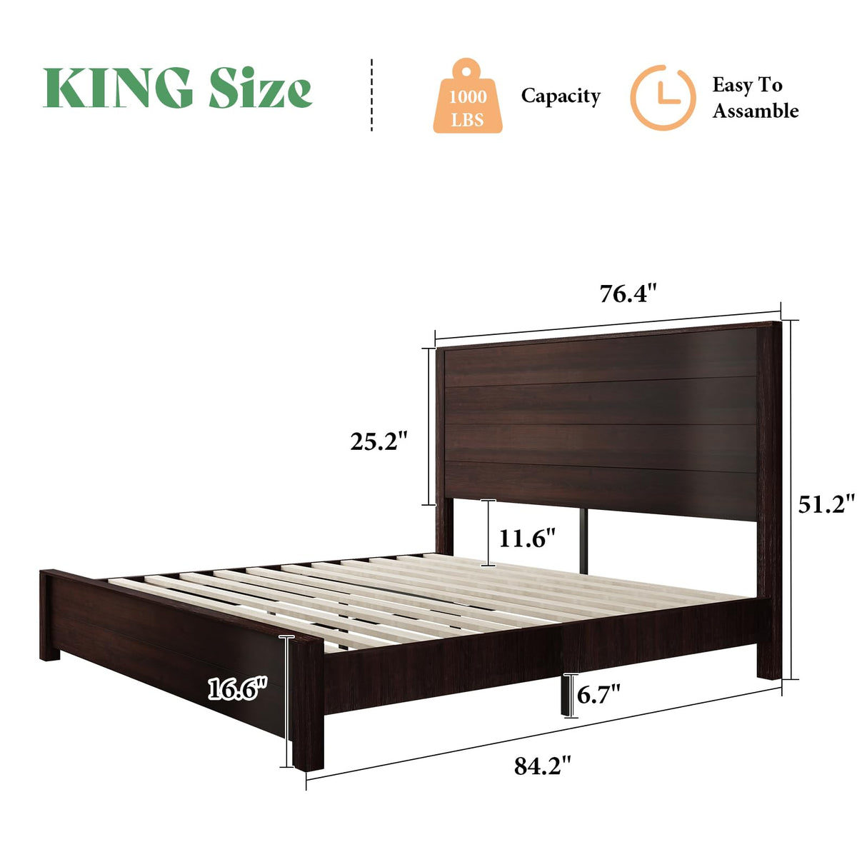 amerlife King Size 51.2" Wood Bed Frame, Rustic Platform Bed with Spliced Headboard, Wood Slats Support/Noiseless/Dark Brown/No Box Spring Needed amerlife