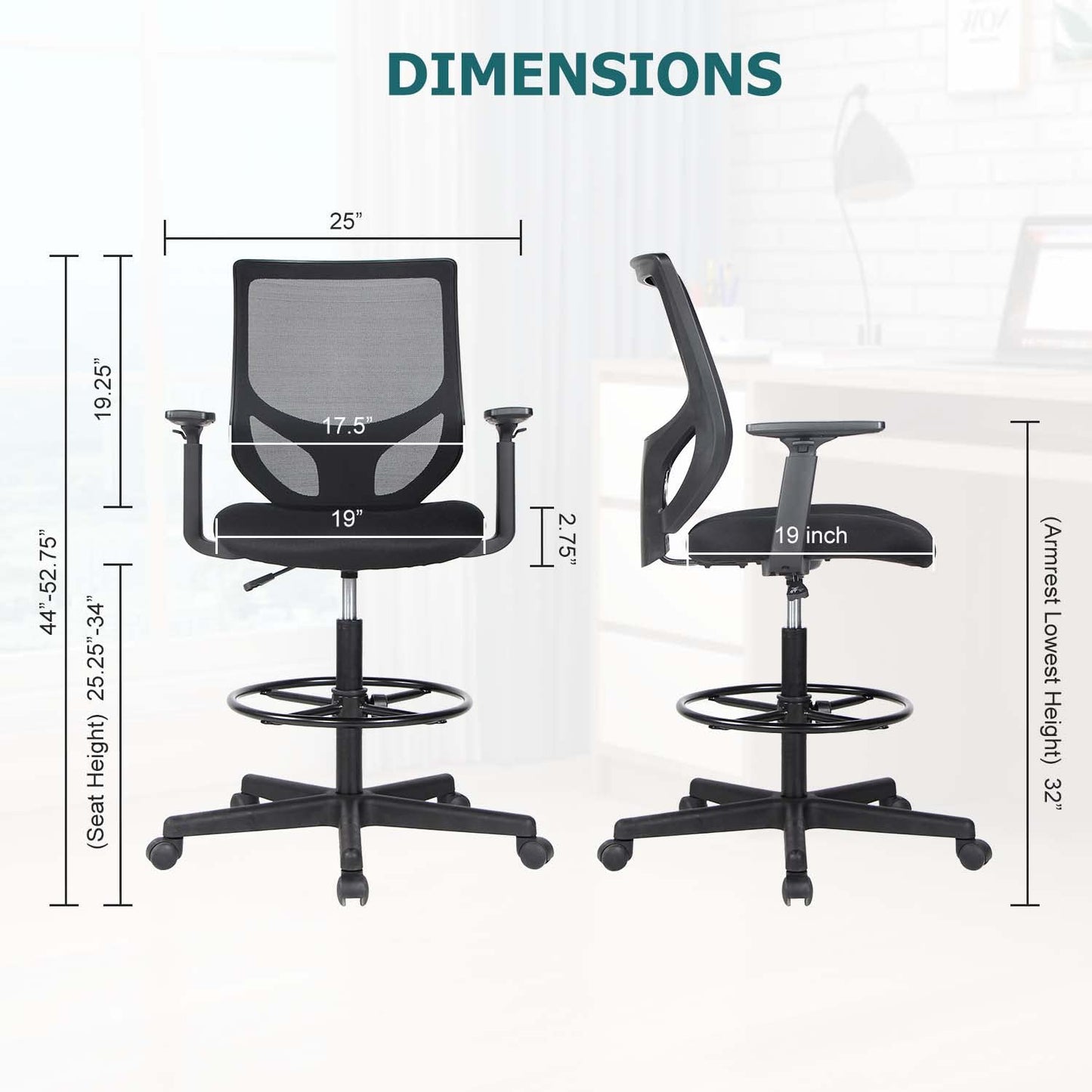 SMUG Drafting Chair, Tall Office Chair Tall Desk Chair with Adjustable Armrests, Counter Height Office Chairs for Standing Desk, Mid Back Mesh Office Drafting Chairs with Adjustable Foot Ring